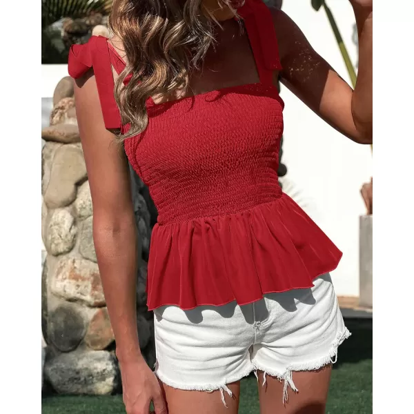 imageBTFBM Women Ruffle Smocked Tank Top Square Neck Sleeveless Camisole Tie Shoulder Beach Casual Summer Blouse Shirts 2023Solid Red