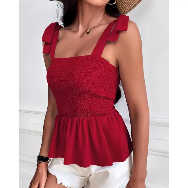 imageBTFBM Women Ruffle Smocked Tank Top Square Neck Sleeveless Camisole Tie Shoulder Beach Casual Summer Blouse Shirts 2023Solid Red