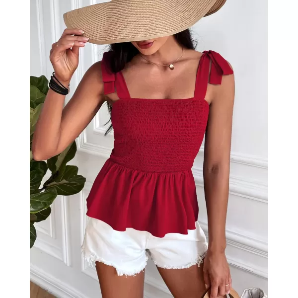 imageBTFBM Women Ruffle Smocked Tank Top Square Neck Sleeveless Camisole Tie Shoulder Beach Casual Summer Blouse Shirts 2023Solid Red