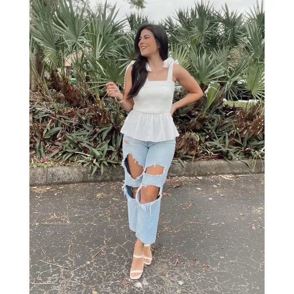 imageBTFBM Women Ruffle Smocked Tank Top Square Neck Sleeveless Camisole Tie Shoulder Beach Casual Summer Blouse Shirts 2023Solid White