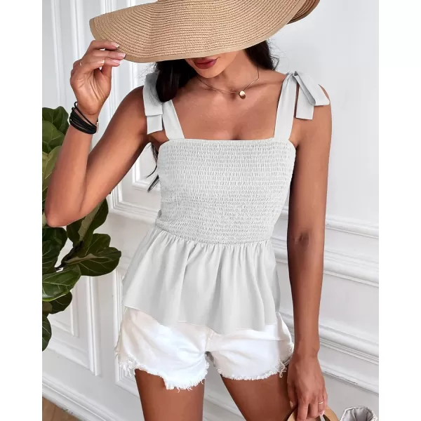 imageBTFBM Women Ruffle Smocked Tank Top Square Neck Sleeveless Camisole Tie Shoulder Beach Casual Summer Blouse Shirts 2023Solid White