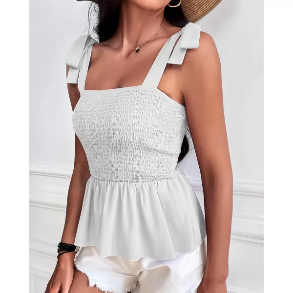 imageBTFBM Women Ruffle Smocked Tank Top Square Neck Sleeveless Camisole Tie Shoulder Beach Casual Summer Blouse Shirts 2023Solid White