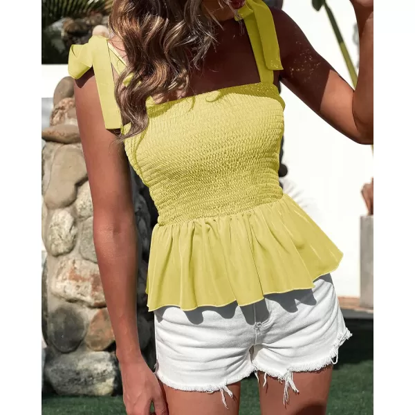 imageBTFBM Women Ruffle Smocked Tank Top Square Neck Sleeveless Camisole Tie Shoulder Beach Casual Summer Blouse Shirts 2023Solid Yellow