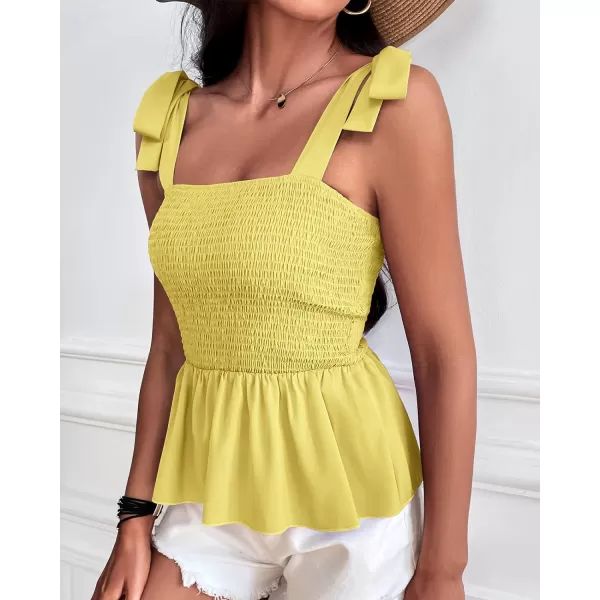 imageBTFBM Women Ruffle Smocked Tank Top Square Neck Sleeveless Camisole Tie Shoulder Beach Casual Summer Blouse Shirts 2023Solid Yellow