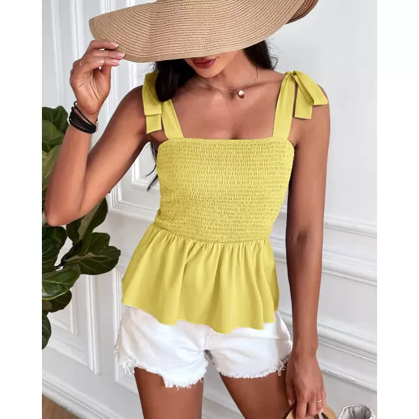 imageBTFBM Women Ruffle Smocked Tank Top Square Neck Sleeveless Camisole Tie Shoulder Beach Casual Summer Blouse Shirts 2023Solid Yellow