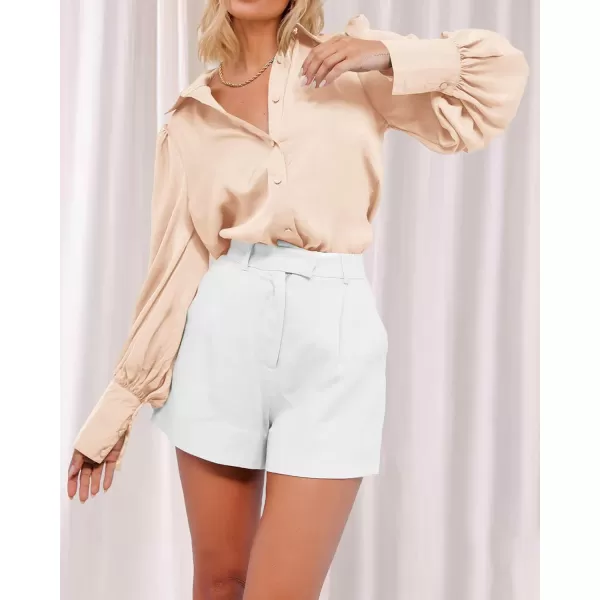 imageBTFBM Women Satin Button Down Shirts Summer Spring Lantern Long Sleeve Lapel V Neck Blouse Loose Casual Office Work TopsSolid Beige