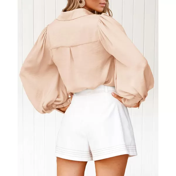 imageBTFBM Women Satin Button Down Shirts Summer Spring Lantern Long Sleeve Lapel V Neck Blouse Loose Casual Office Work TopsSolid Beige