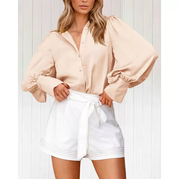 imageBTFBM Women Satin Button Down Shirts Summer Spring Lantern Long Sleeve Lapel V Neck Blouse Loose Casual Office Work TopsSolid Beige