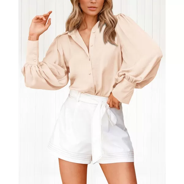 imageBTFBM Women Satin Button Down Shirts Summer Spring Lantern Long Sleeve Lapel V Neck Blouse Loose Casual Office Work TopsSolid Beige
