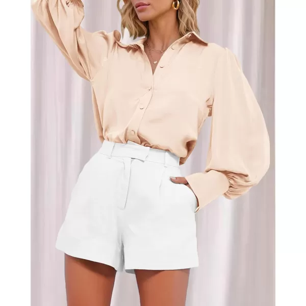 imageBTFBM Women Satin Button Down Shirts Summer Spring Lantern Long Sleeve Lapel V Neck Blouse Loose Casual Office Work TopsSolid Beige