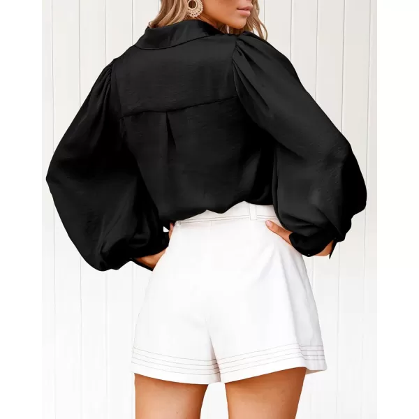 imageBTFBM Women Satin Button Down Shirts Summer Spring Lantern Long Sleeve Lapel V Neck Blouse Loose Casual Office Work TopsSolid Black