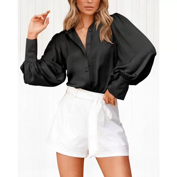 imageBTFBM Women Satin Button Down Shirts Summer Spring Lantern Long Sleeve Lapel V Neck Blouse Loose Casual Office Work TopsSolid Black