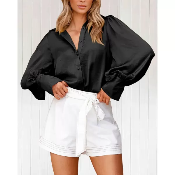 imageBTFBM Women Satin Button Down Shirts Summer Spring Lantern Long Sleeve Lapel V Neck Blouse Loose Casual Office Work TopsSolid Black