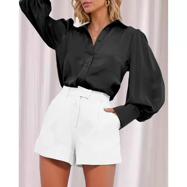 imageBTFBM Women Satin Button Down Shirts Summer Spring Lantern Long Sleeve Lapel V Neck Blouse Loose Casual Office Work TopsSolid Black