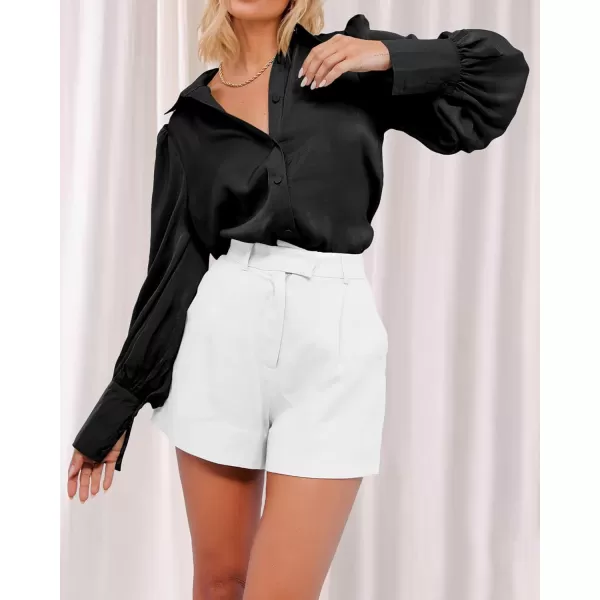 imageBTFBM Women Satin Button Down Shirts Summer Spring Lantern Long Sleeve Lapel V Neck Blouse Loose Casual Office Work TopsSolid Black