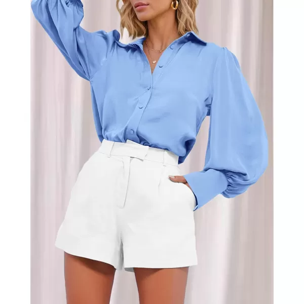 imageBTFBM Women Satin Button Down Shirts Summer Spring Lantern Long Sleeve Lapel V Neck Blouse Loose Casual Office Work TopsSolid Blue
