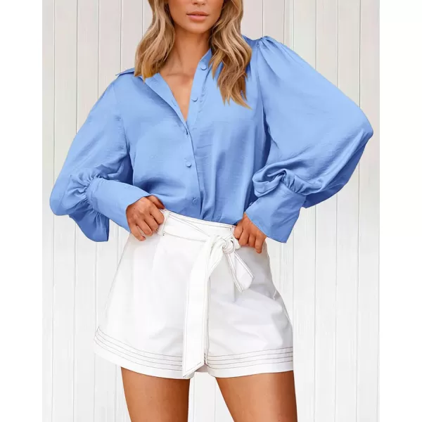imageBTFBM Women Satin Button Down Shirts Summer Spring Lantern Long Sleeve Lapel V Neck Blouse Loose Casual Office Work TopsSolid Blue