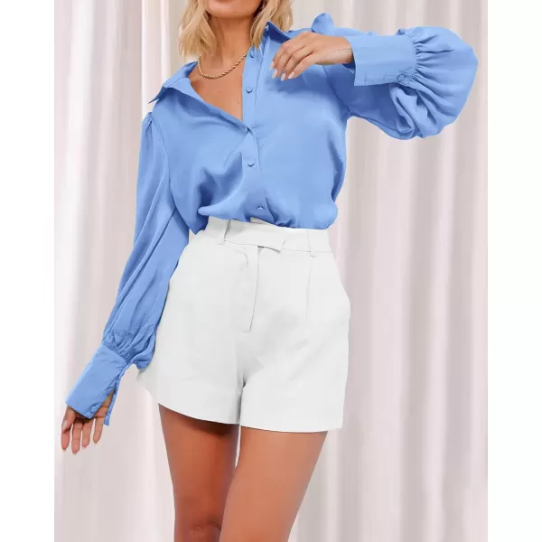 imageBTFBM Women Satin Button Down Shirts Summer Spring Lantern Long Sleeve Lapel V Neck Blouse Loose Casual Office Work TopsSolid Blue