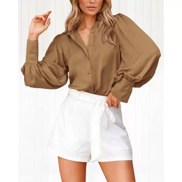 imageBTFBM Women Satin Button Down Shirts Summer Spring Lantern Long Sleeve Lapel V Neck Blouse Loose Casual Office Work TopsSolid Brown