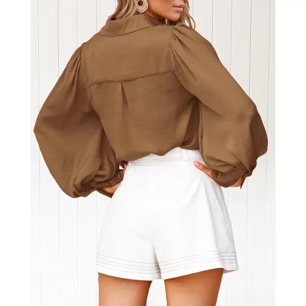 imageBTFBM Women Satin Button Down Shirts Summer Spring Lantern Long Sleeve Lapel V Neck Blouse Loose Casual Office Work TopsSolid Brown