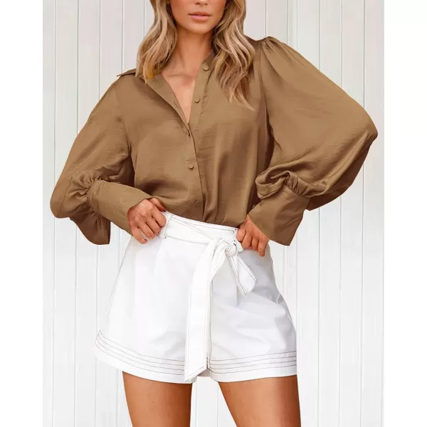 imageBTFBM Women Satin Button Down Shirts Summer Spring Lantern Long Sleeve Lapel V Neck Blouse Loose Casual Office Work TopsSolid Brown