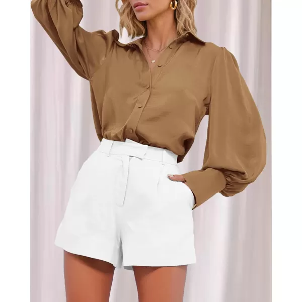 imageBTFBM Women Satin Button Down Shirts Summer Spring Lantern Long Sleeve Lapel V Neck Blouse Loose Casual Office Work TopsSolid Brown