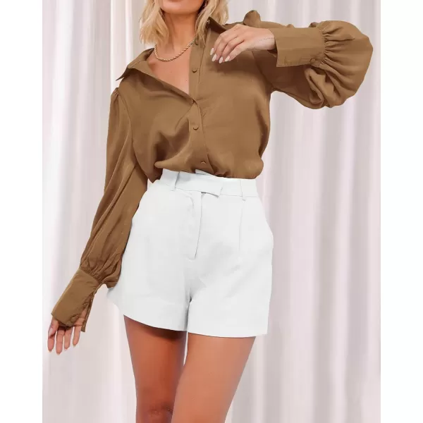 imageBTFBM Women Satin Button Down Shirts Summer Spring Lantern Long Sleeve Lapel V Neck Blouse Loose Casual Office Work TopsSolid Brown