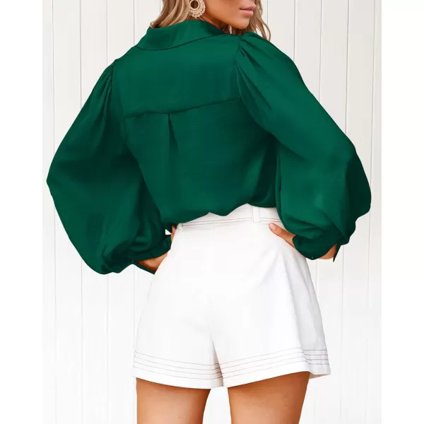 imageBTFBM Women Satin Button Down Shirts Summer Spring Lantern Long Sleeve Lapel V Neck Blouse Loose Casual Office Work TopsSolid Green