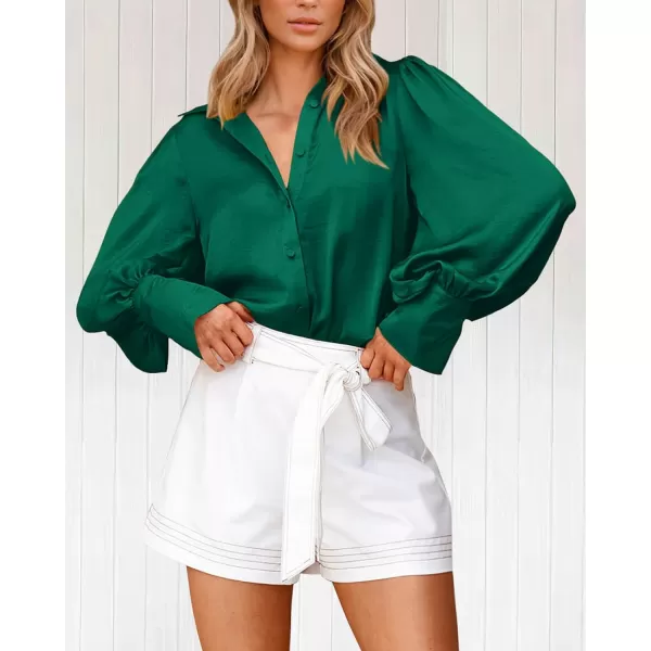 imageBTFBM Women Satin Button Down Shirts Summer Spring Lantern Long Sleeve Lapel V Neck Blouse Loose Casual Office Work TopsSolid Green