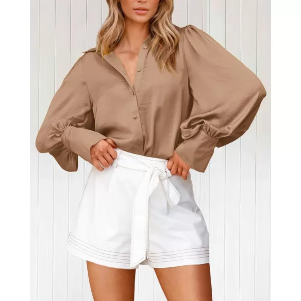 imageBTFBM Women Satin Button Down Shirts Summer Spring Lantern Long Sleeve Lapel V Neck Blouse Loose Casual Office Work TopsSolid Khaki
