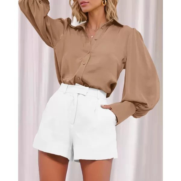 imageBTFBM Women Satin Button Down Shirts Summer Spring Lantern Long Sleeve Lapel V Neck Blouse Loose Casual Office Work TopsSolid Khaki