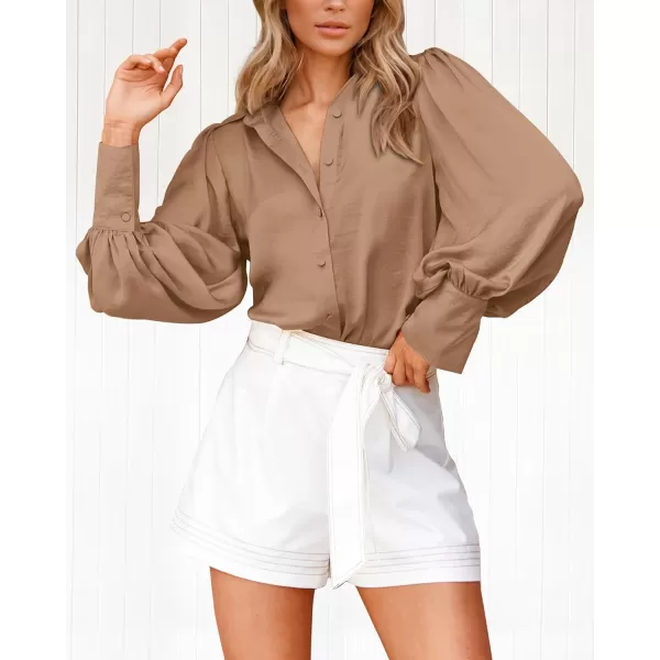 imageBTFBM Women Satin Button Down Shirts Summer Spring Lantern Long Sleeve Lapel V Neck Blouse Loose Casual Office Work TopsSolid Khaki