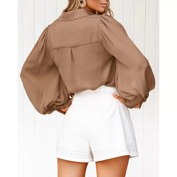 imageBTFBM Women Satin Button Down Shirts Summer Spring Lantern Long Sleeve Lapel V Neck Blouse Loose Casual Office Work TopsSolid Khaki