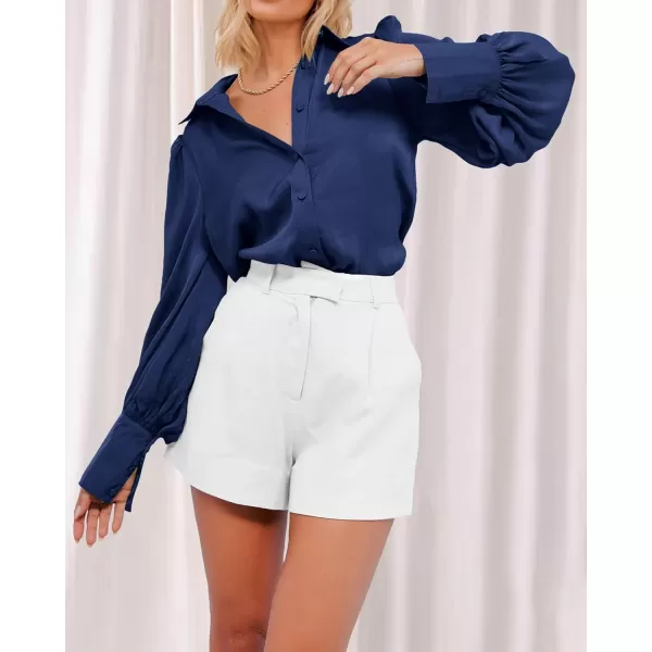 imageBTFBM Women Satin Button Down Shirts Summer Spring Lantern Long Sleeve Lapel V Neck Blouse Loose Casual Office Work TopsSolid Navy