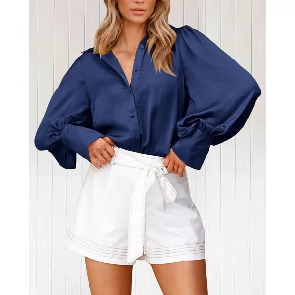imageBTFBM Women Satin Button Down Shirts Summer Spring Lantern Long Sleeve Lapel V Neck Blouse Loose Casual Office Work TopsSolid Navy