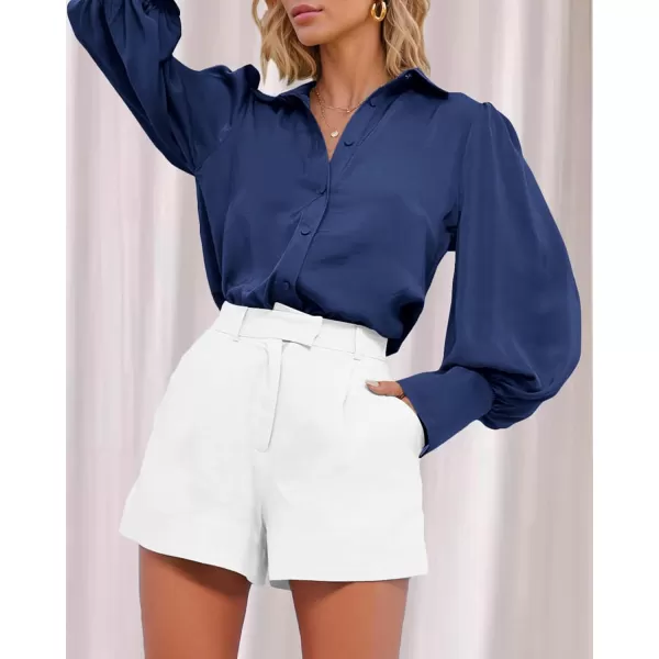 imageBTFBM Women Satin Button Down Shirts Summer Spring Lantern Long Sleeve Lapel V Neck Blouse Loose Casual Office Work TopsSolid Navy