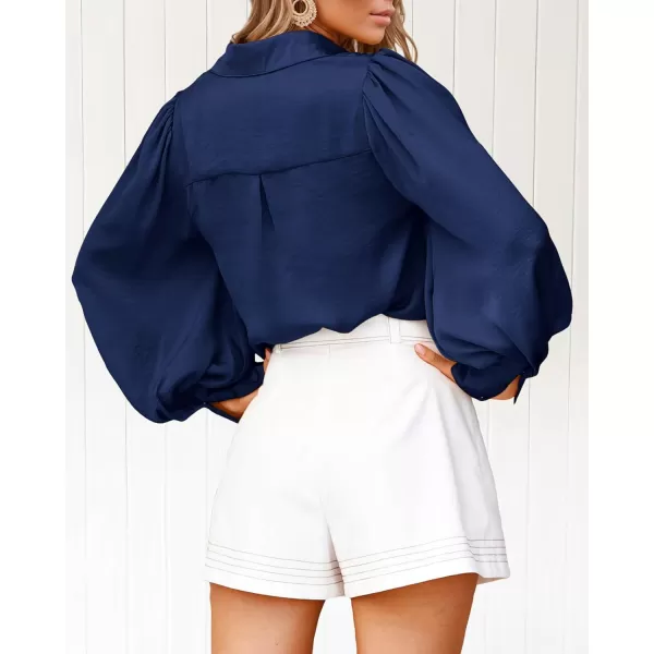 imageBTFBM Women Satin Button Down Shirts Summer Spring Lantern Long Sleeve Lapel V Neck Blouse Loose Casual Office Work TopsSolid Navy