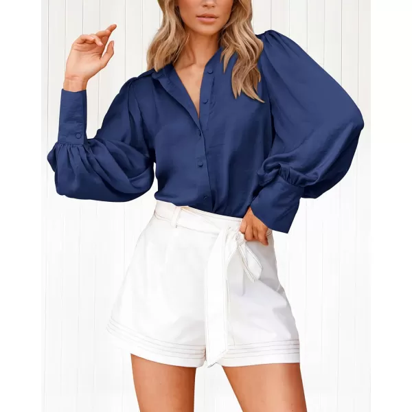 imageBTFBM Women Satin Button Down Shirts Summer Spring Lantern Long Sleeve Lapel V Neck Blouse Loose Casual Office Work TopsSolid Navy