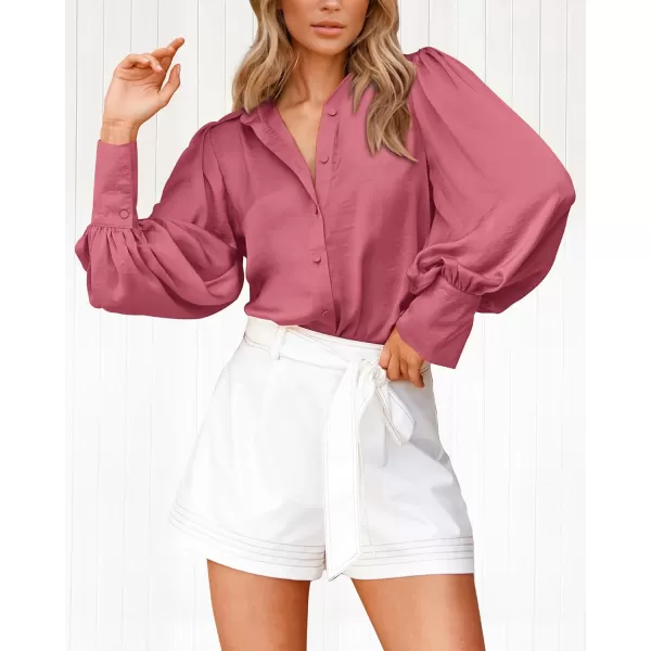 imageBTFBM Women Satin Button Down Shirts Summer Spring Lantern Long Sleeve Lapel V Neck Blouse Loose Casual Office Work TopsSolid Pink