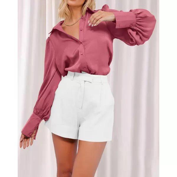 imageBTFBM Women Satin Button Down Shirts Summer Spring Lantern Long Sleeve Lapel V Neck Blouse Loose Casual Office Work TopsSolid Pink