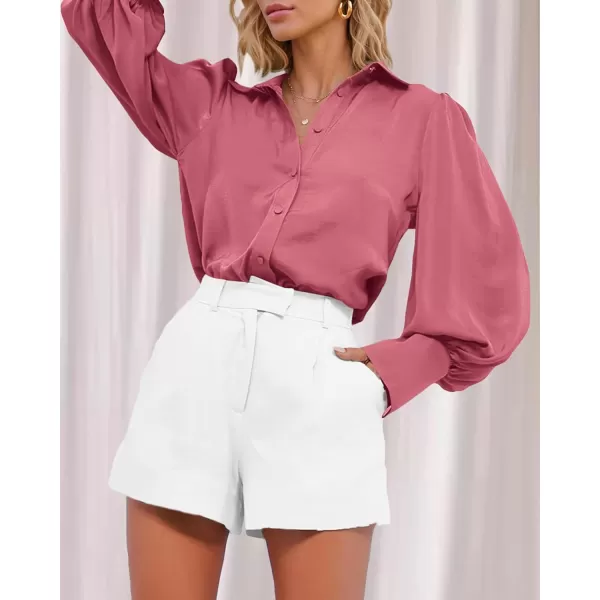 imageBTFBM Women Satin Button Down Shirts Summer Spring Lantern Long Sleeve Lapel V Neck Blouse Loose Casual Office Work TopsSolid Pink