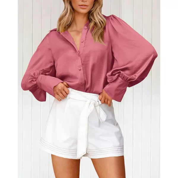 imageBTFBM Women Satin Button Down Shirts Summer Spring Lantern Long Sleeve Lapel V Neck Blouse Loose Casual Office Work TopsSolid Pink