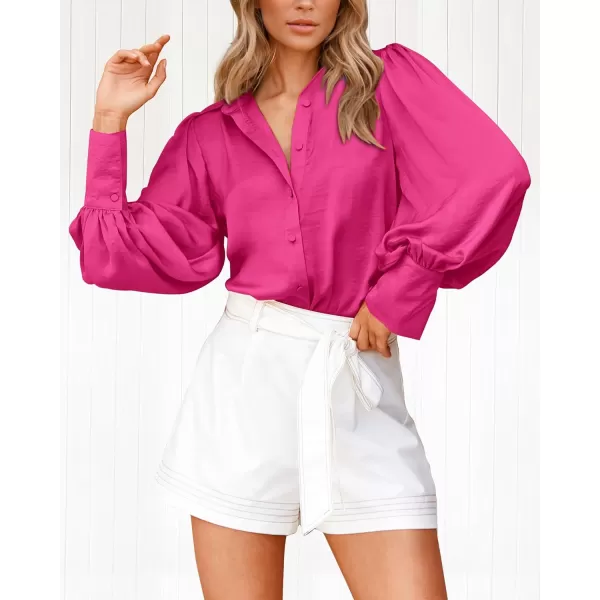imageBTFBM Women Satin Button Down Shirts Summer Spring Lantern Long Sleeve Lapel V Neck Blouse Loose Casual Office Work TopsSolid Rose Red