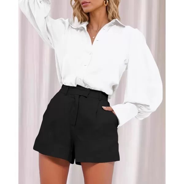imageBTFBM Women Satin Button Down Shirts Summer Spring Lantern Long Sleeve Lapel V Neck Blouse Loose Casual Office Work TopsSolid White