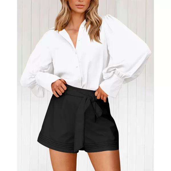 imageBTFBM Women Satin Button Down Shirts Summer Spring Lantern Long Sleeve Lapel V Neck Blouse Loose Casual Office Work TopsSolid White