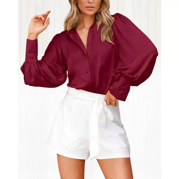 imageBTFBM Women Satin Button Down Shirts Summer Spring Lantern Long Sleeve Lapel V Neck Blouse Loose Casual Office Work TopsSolid Wine Red