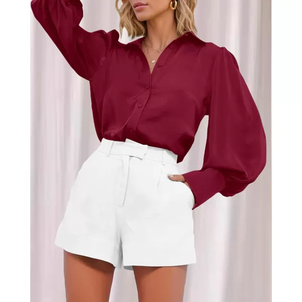 imageBTFBM Women Satin Button Down Shirts Summer Spring Lantern Long Sleeve Lapel V Neck Blouse Loose Casual Office Work TopsSolid Wine Red