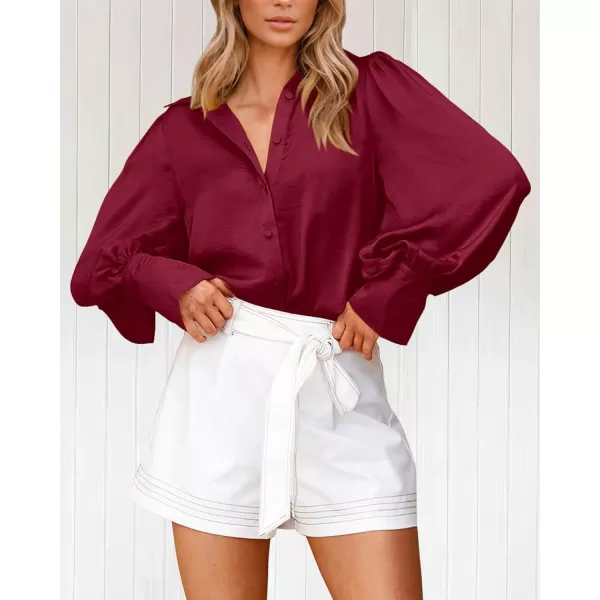 imageBTFBM Women Satin Button Down Shirts Summer Spring Lantern Long Sleeve Lapel V Neck Blouse Loose Casual Office Work TopsSolid Wine Red