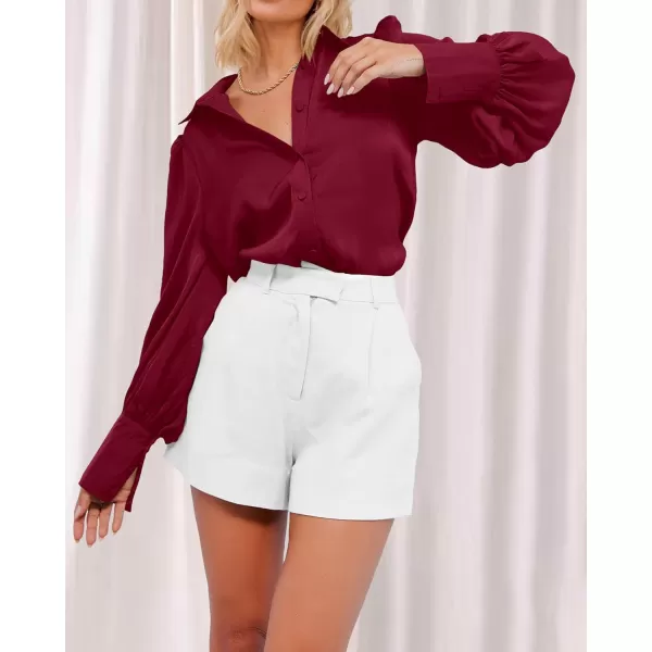 imageBTFBM Women Satin Button Down Shirts Summer Spring Lantern Long Sleeve Lapel V Neck Blouse Loose Casual Office Work TopsSolid Wine Red