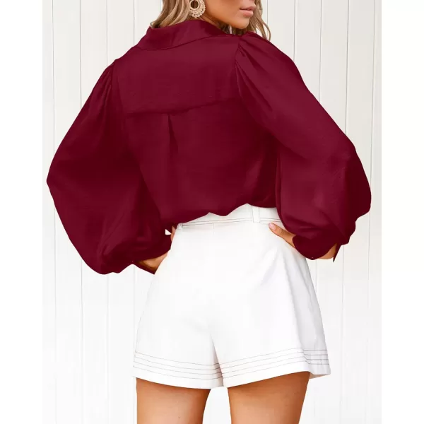 imageBTFBM Women Satin Button Down Shirts Summer Spring Lantern Long Sleeve Lapel V Neck Blouse Loose Casual Office Work TopsSolid Wine Red